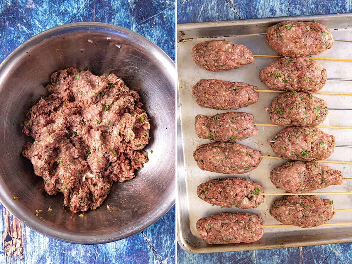 Mixing ground meats with spices, then wrapping them onto skewers to make Kofta Kebabs