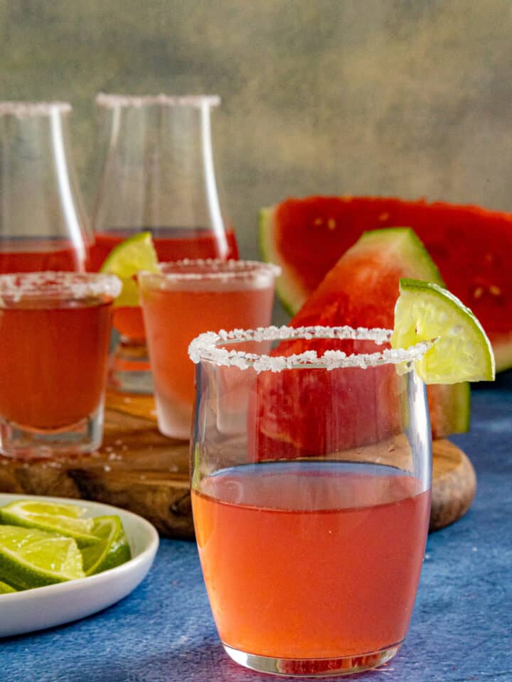 A Mexican Candy Shot with salt rim