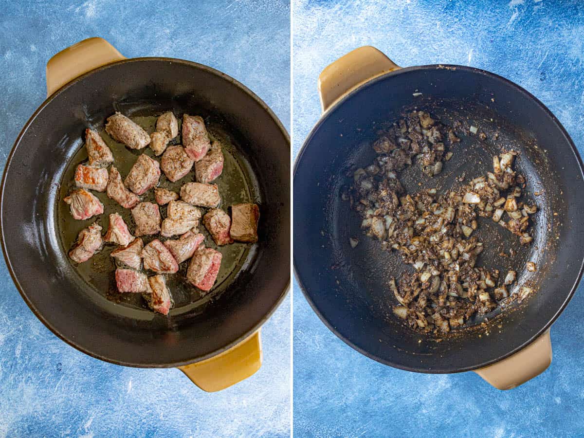 Searing cuts of beef in a pot to make pepperpot