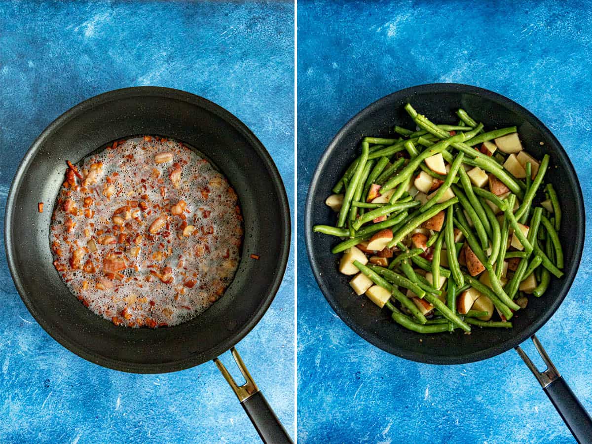 Simmering bacon and cooking down potatoes to make smothered green beans