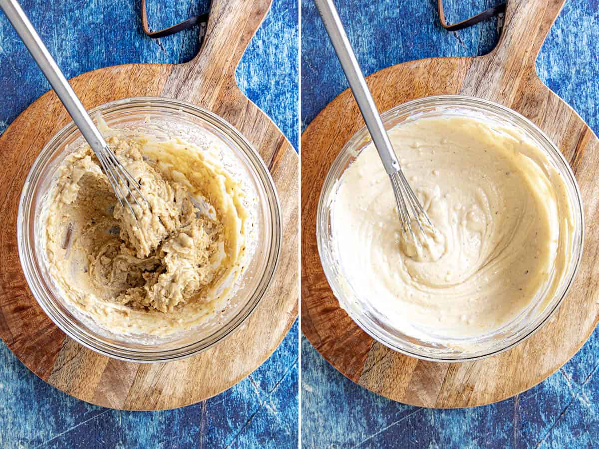 Whisking water into the tahini mixture to make smooth, creamy Tahini Sauce