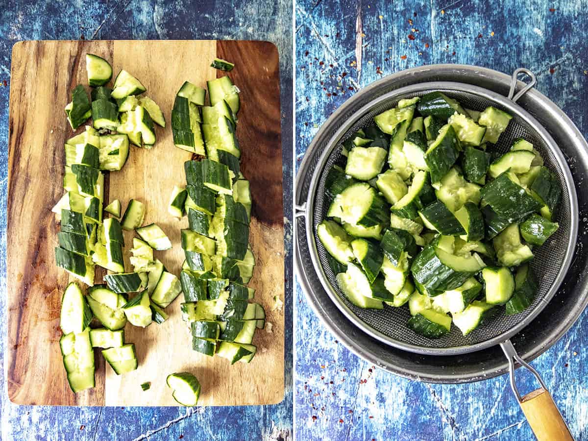 Lightly smashed and sliced cucumbers draining through a colander to make Asian Cucumber Salad