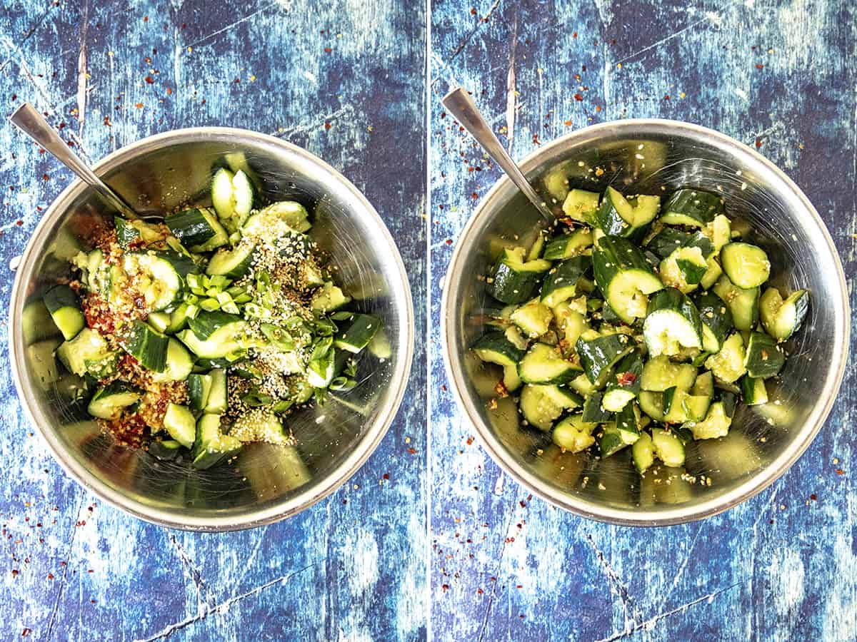 Mixing the ingredients for Asian Cucumber Salad in a mixing bowl