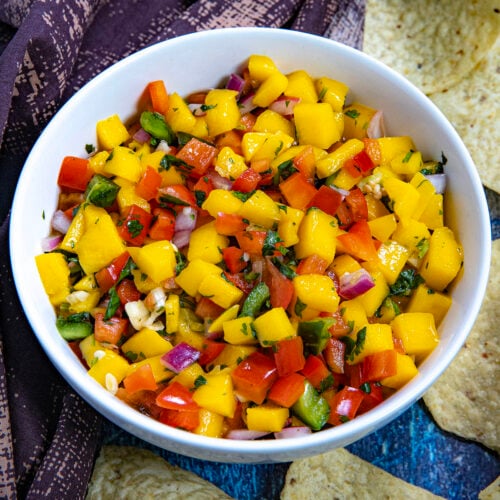 Mango Salsa in a serving bowl with lots of vibrant colors