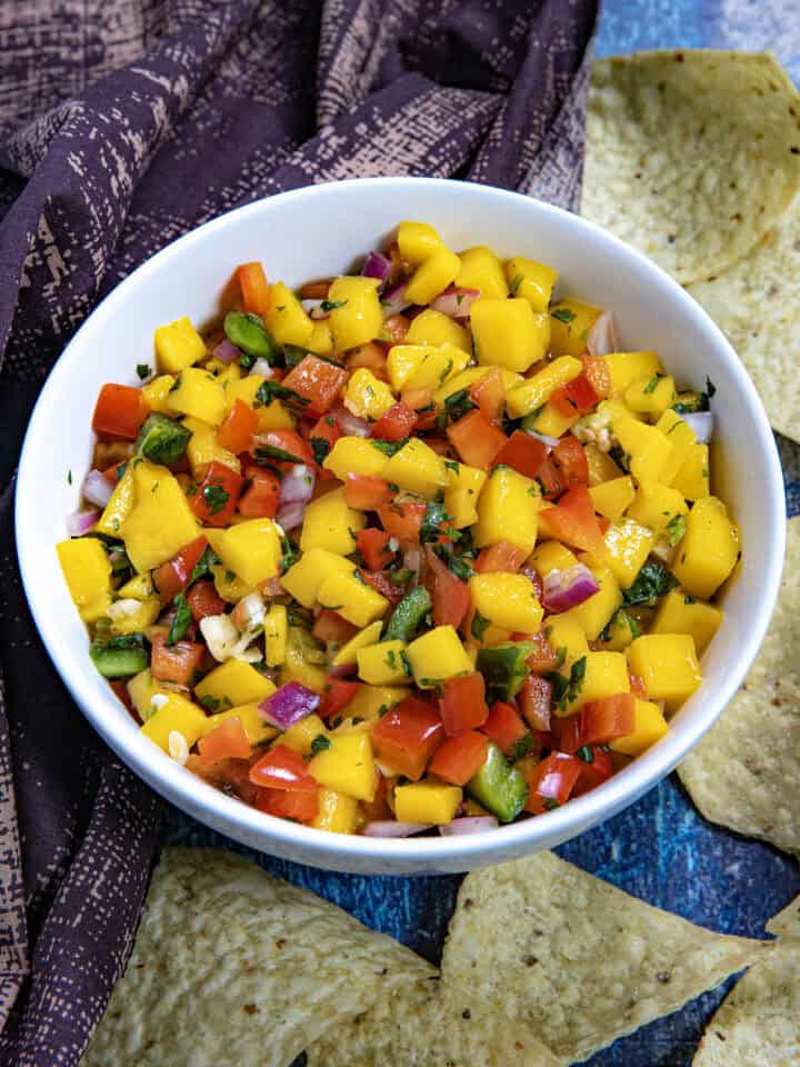 Mango Salsa in a serving bowl with lots of vibrant colors