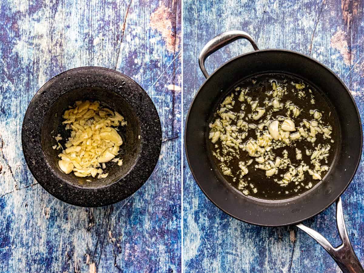 Smashing and cooking garlic to make Pomodoro Sauce