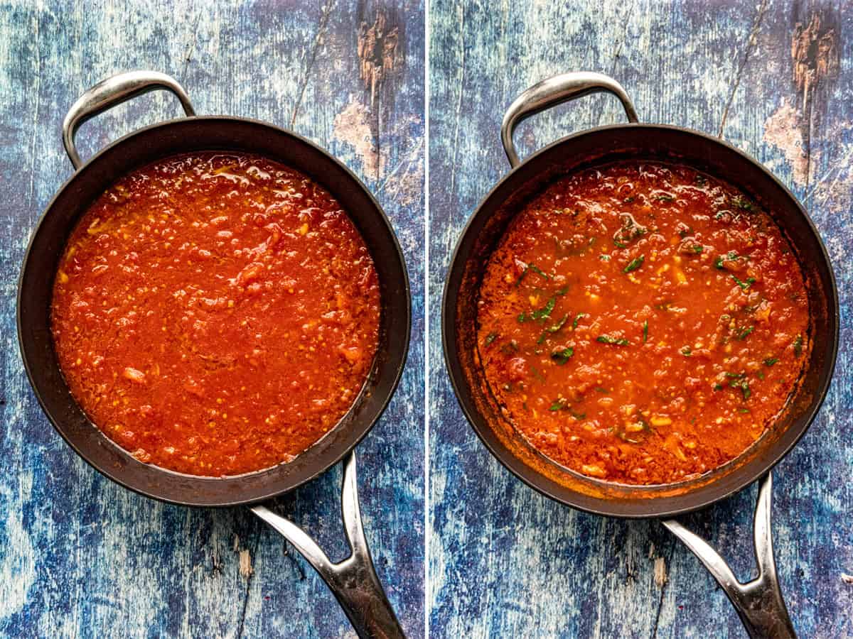Simmering zesty Italian Pomodoro Sauce in a pan to develop the flavors