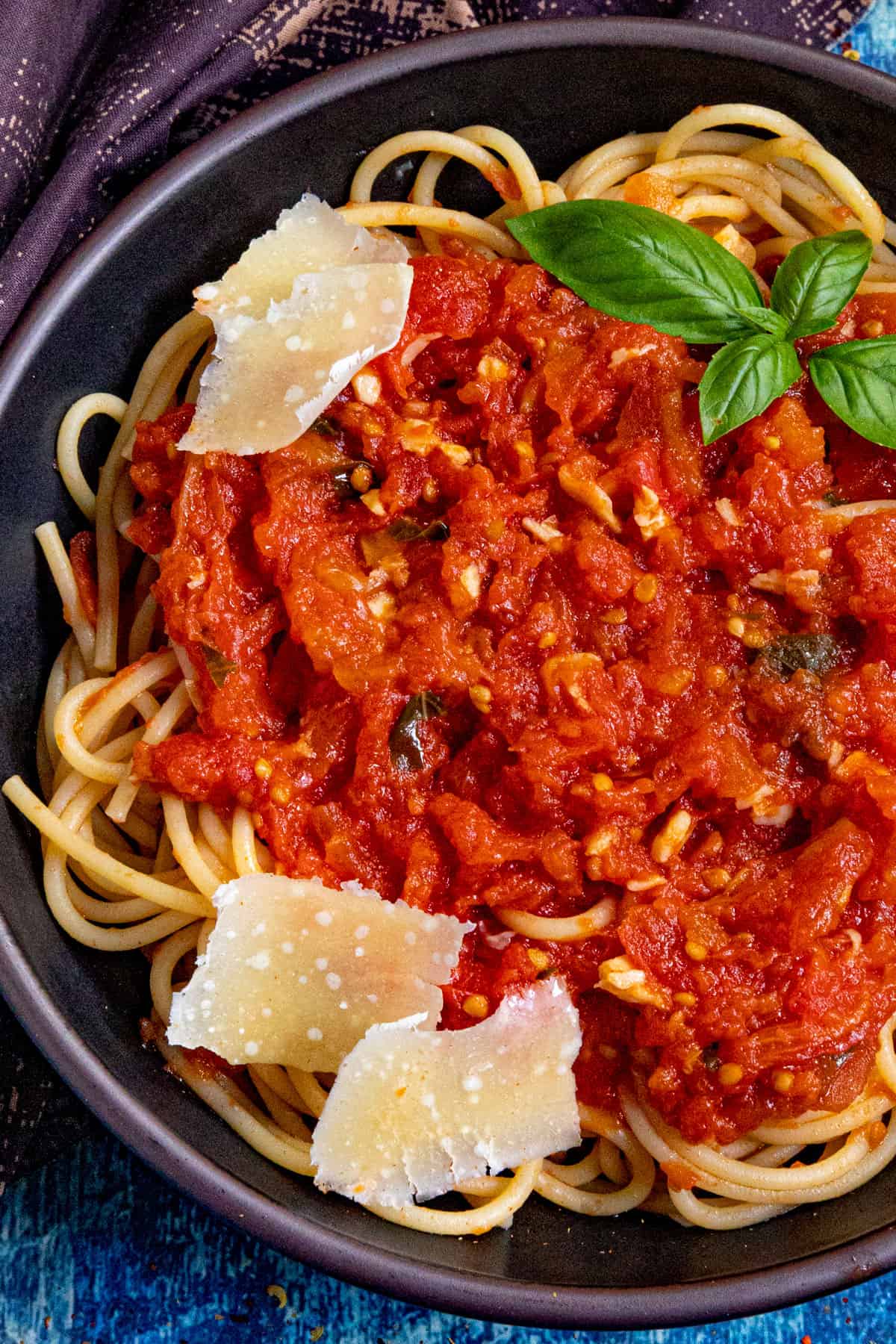 A plate of spaghetti noodles drenched in Italian Pomodoro Sauce