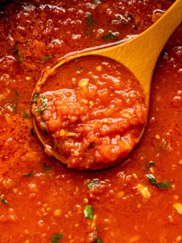Close up of a large spoon full of Italian Pomodoro Sauce