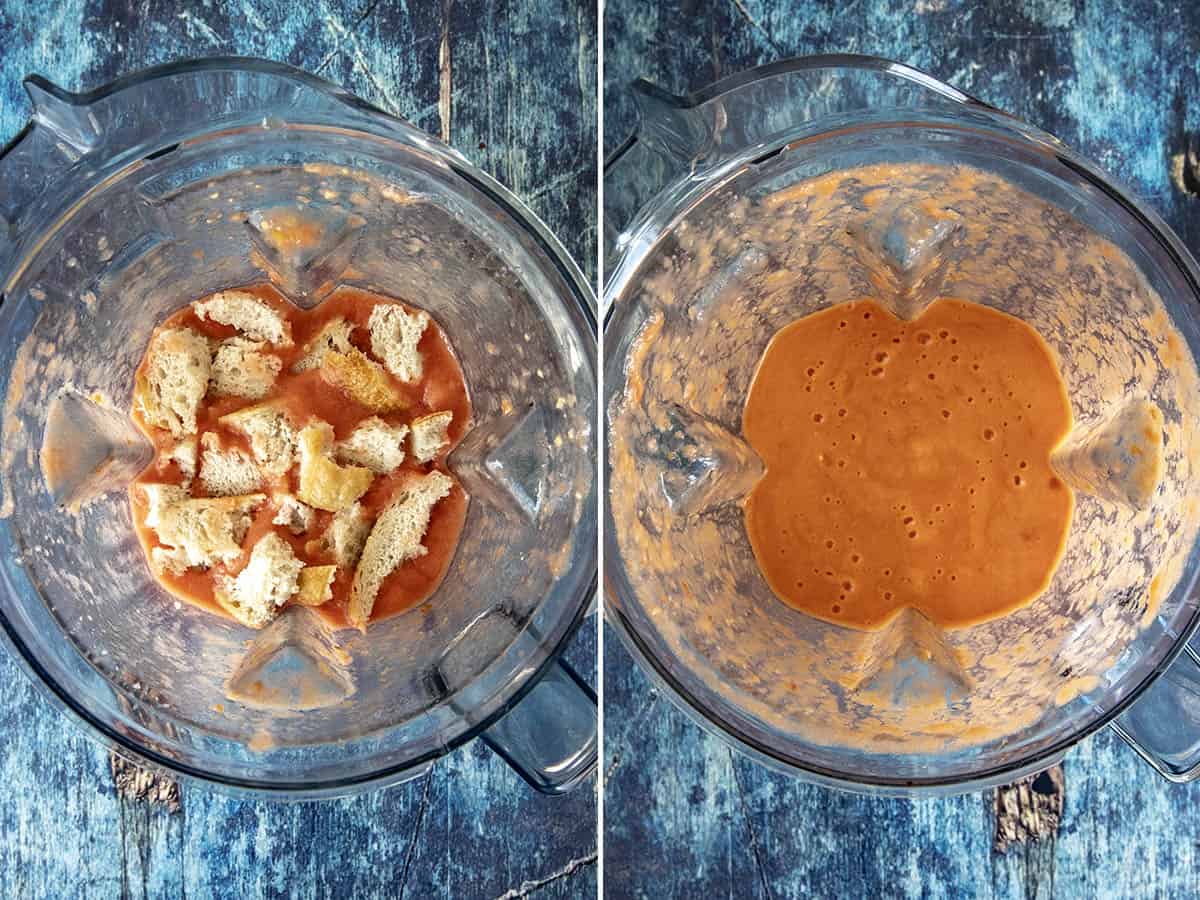 Blending Salmorejo (Spanish Cold Tomato Soup) ingredients in a blender
