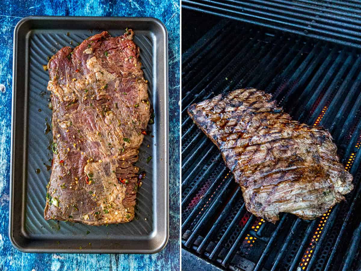 Marinating, then grilling Arrachera (Mexican Skirt Steak) on a hot grill