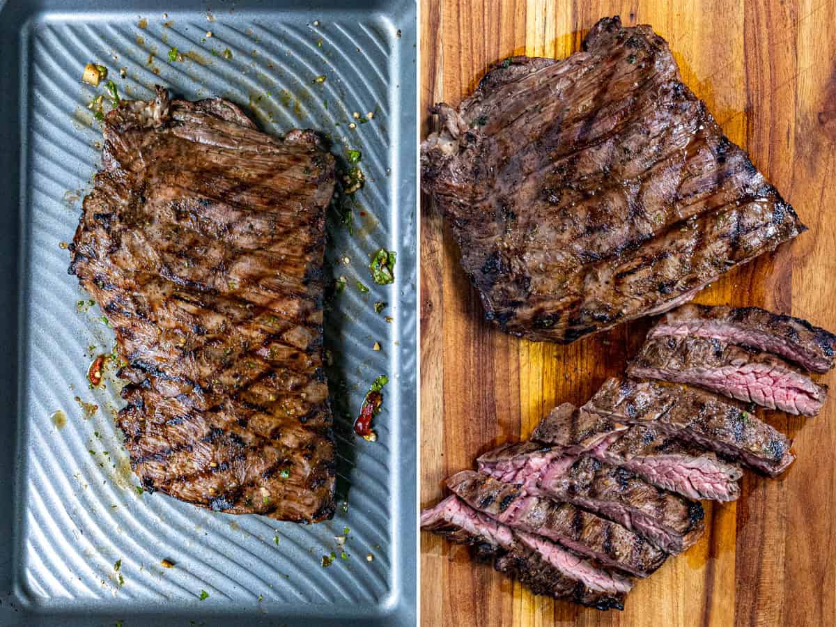 Grilled and sliced Arrachera (Mexican Skirt Steak) on a cutting board