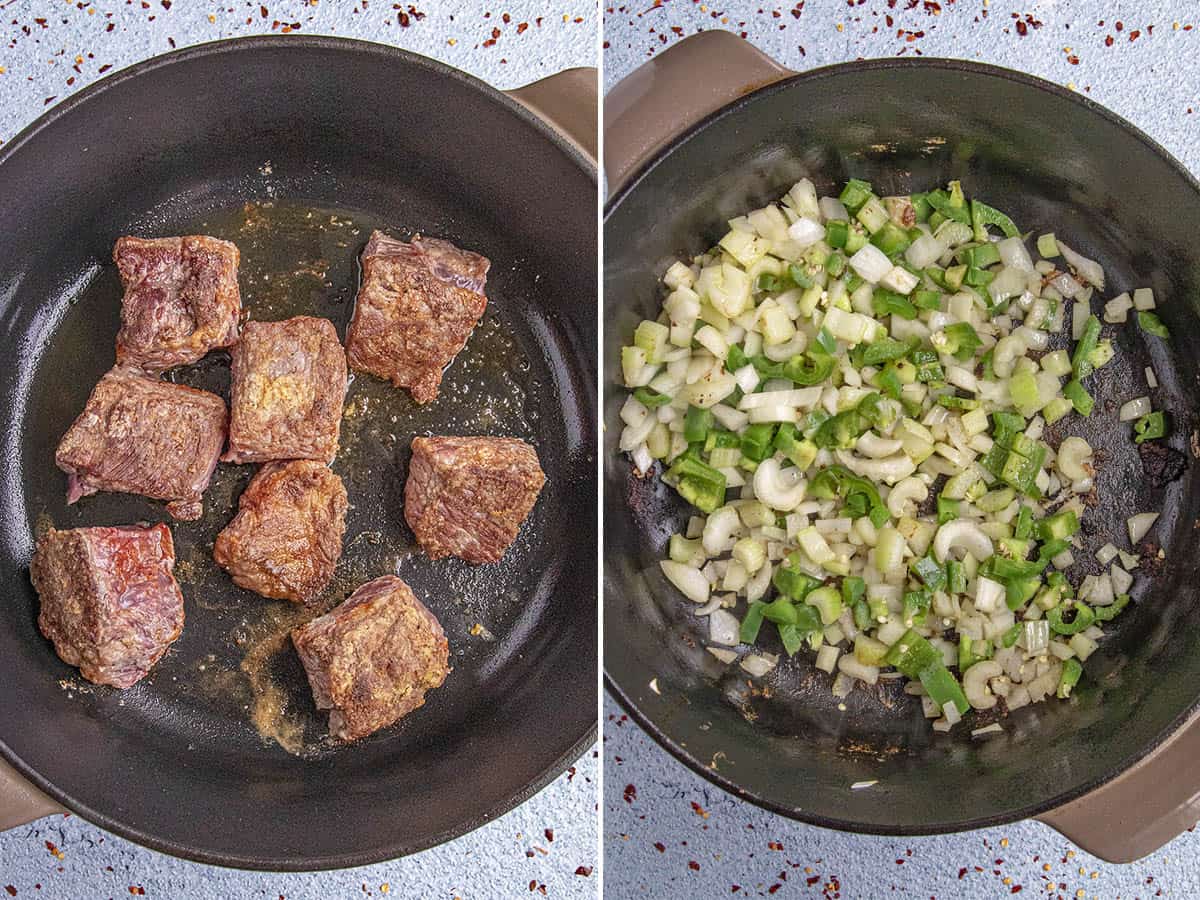 Searing the beef and vegetables in a large pot to make classic beef stew