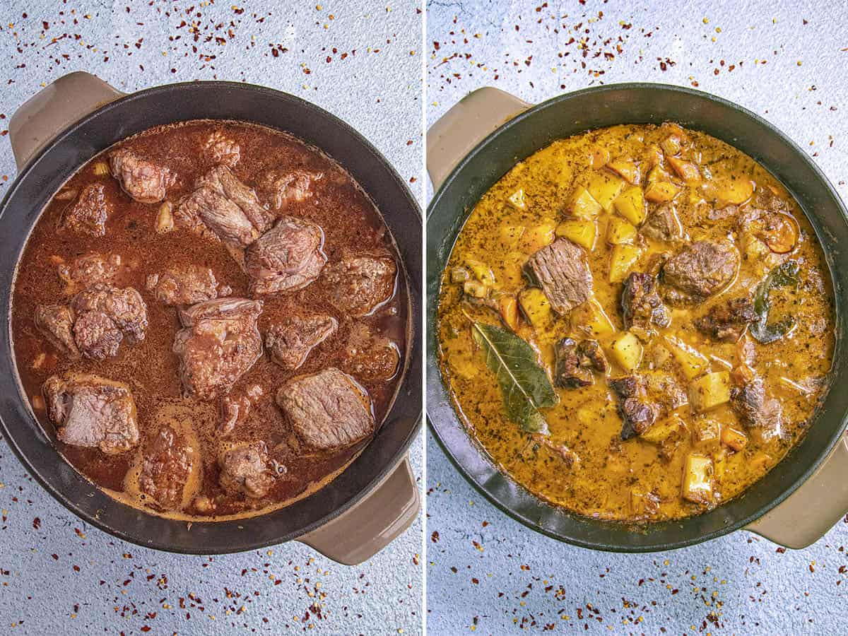 Simmering beef and vegetables in a large pot to make classic beef stew