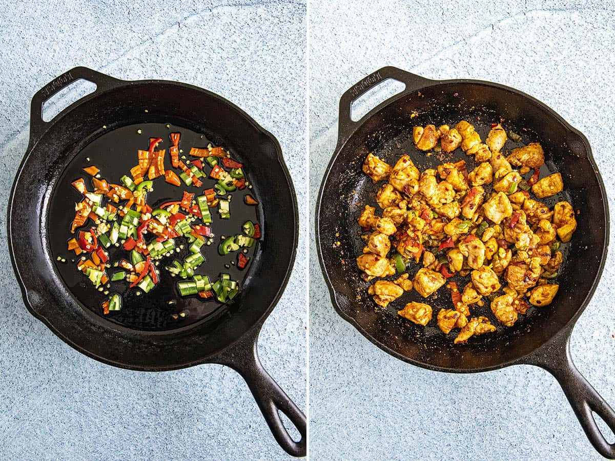 Cooking chilies and chicken in a pan to make Buffalo Chicken Dip