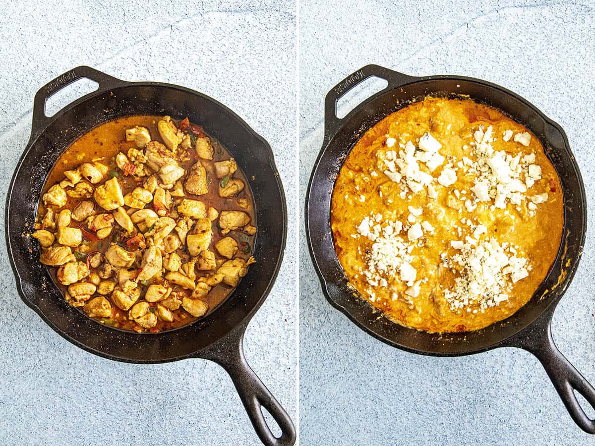 Cooking the chicken, then topping with cheeses and buffalo sauce to make Buffalo Chicken Dip