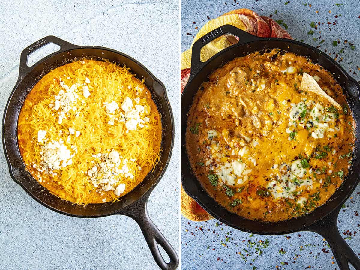 Topping the pan with cheese and baking to make Buffalo Chicken Dip, fresh out of the oven