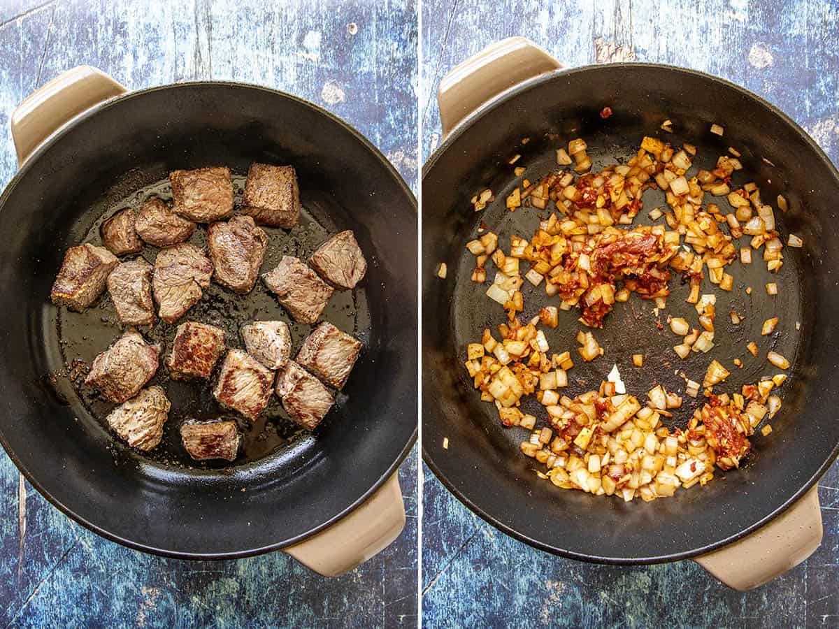 Browning chunks of beef chuck, then cooking onions in a large pot to make Filipino Beef Caldereta