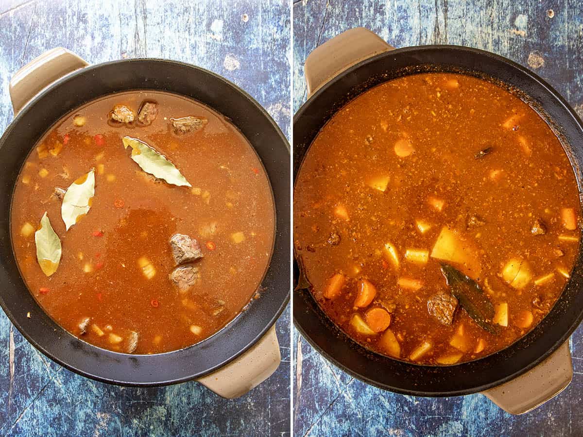 A large pot of Filipino Beef Caldereta ready for the the long simmer