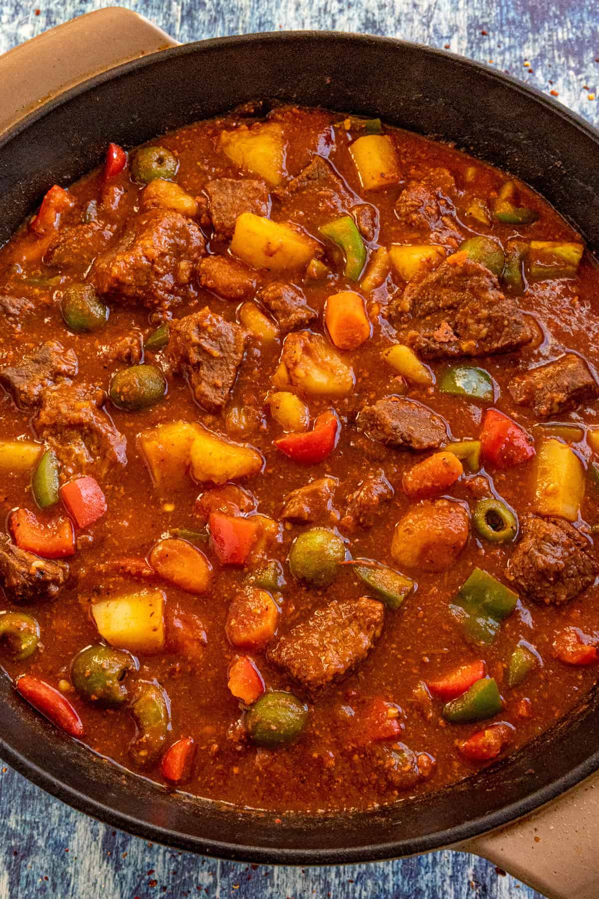 Chunky Beef Caldereta (Filipino Beef Stew) in a Dutch oven