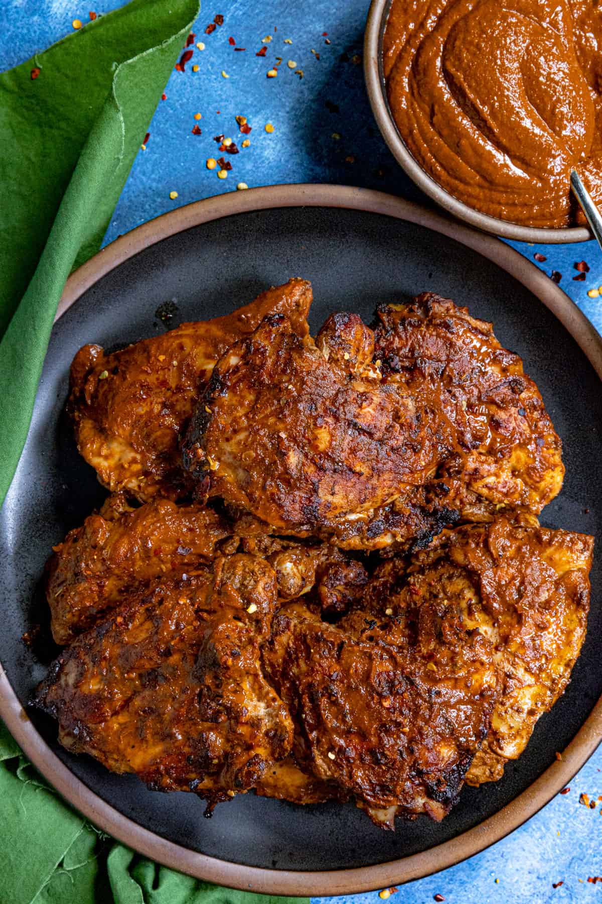 Grilled chicken based and served with Cascabel Chili Sauce