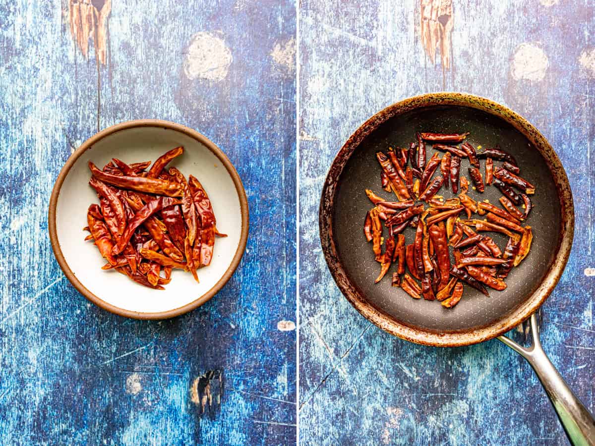 Dry toasting chiles de arbol in a hot pan to make Chili de Árbol Hot Sauce