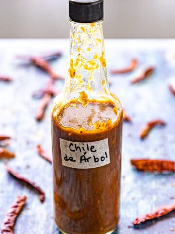 A bottle of fiery Chili de Árbol Hot Sauce