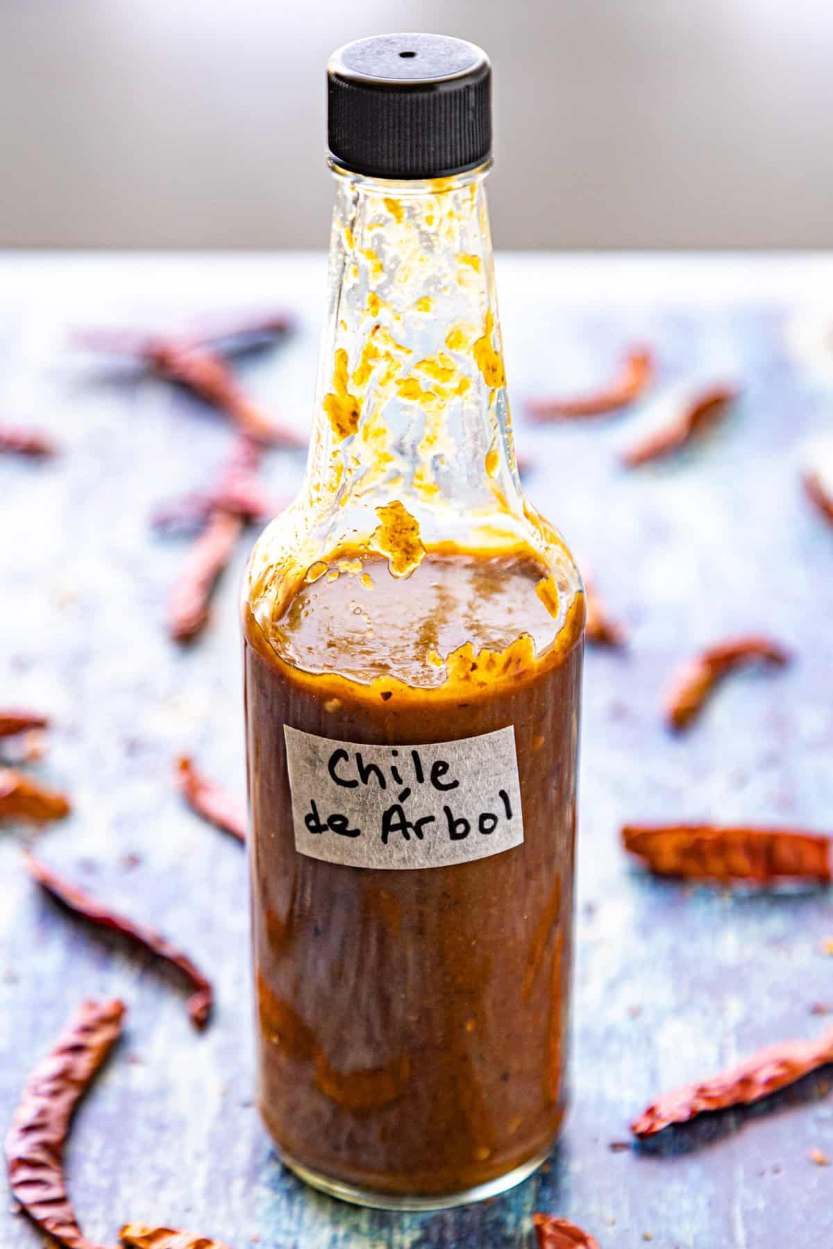 A bottle of fiery Chili de Árbol Hot Sauce