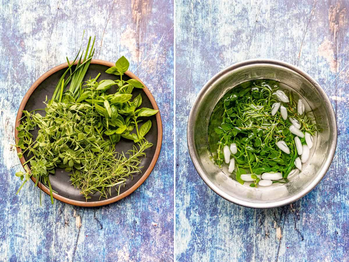 Blanching a collection of fresh herbs, then shocking them in ice water to make herb oil