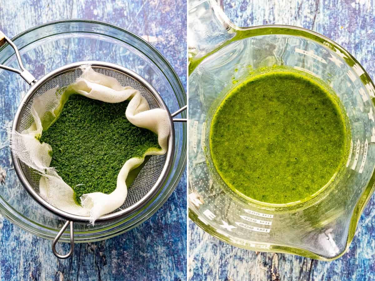 Straining herb infused oil into a container