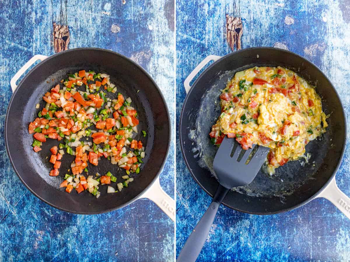 Cooking onions, jalapenos, and tomatoes in a pan, then scrambling eggs to make Huevos a la Mexicana