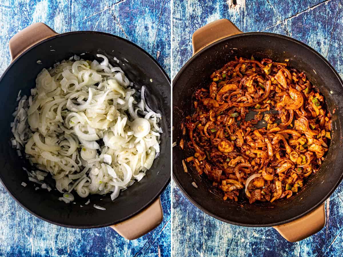 Simmering lots of sliced onion with paprika in a pot to make Hungarian Porkolt