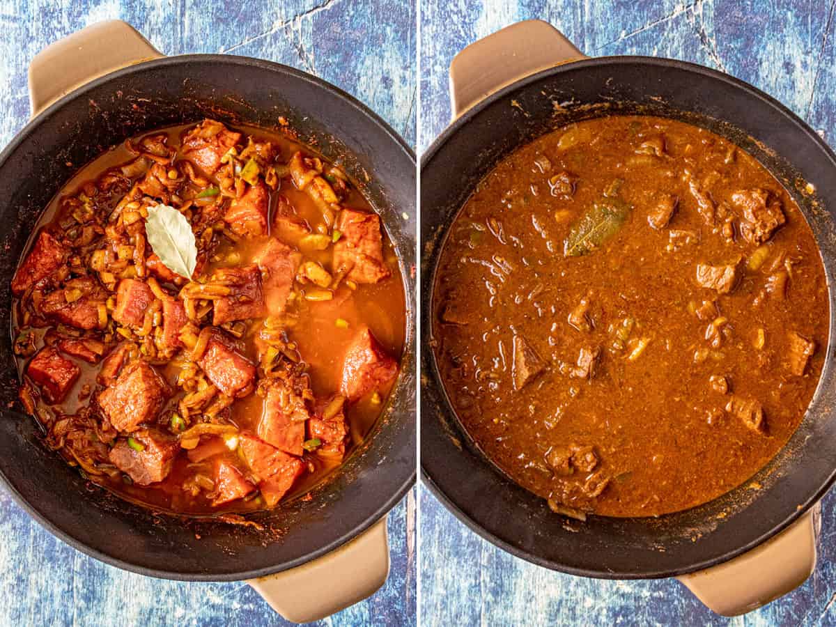 Simmering Porkolt in a large pot