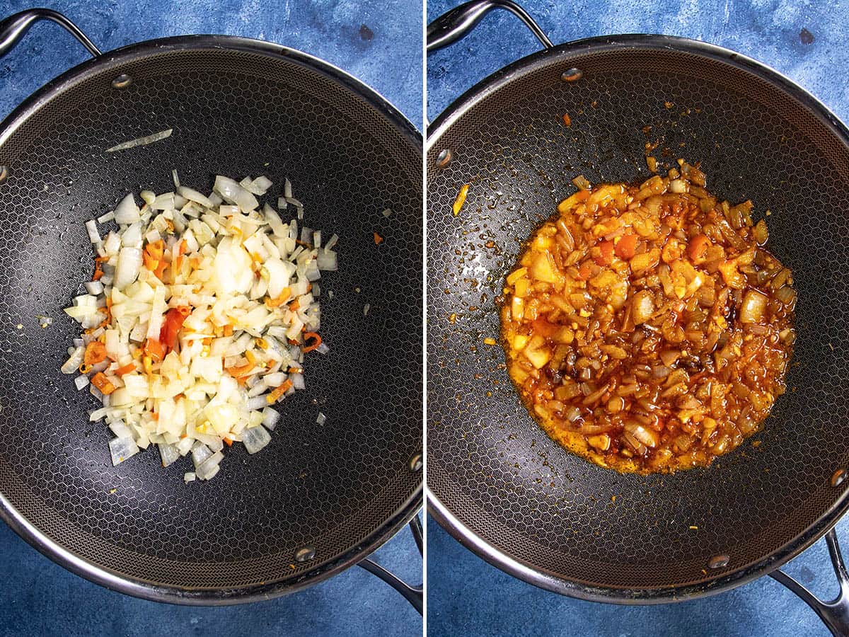 Stir frying onions and chilies with Thai chili paste to make Butternut Squash Curry