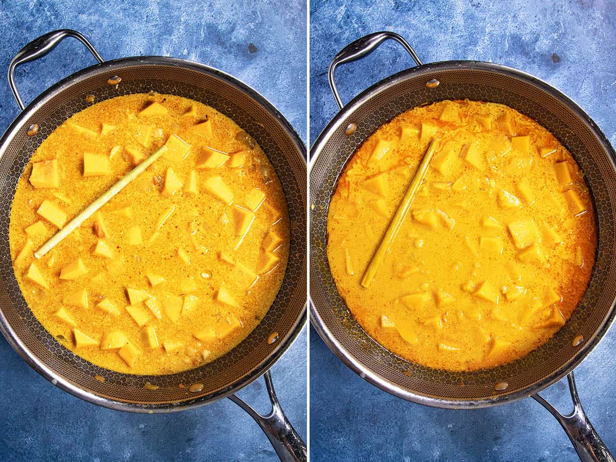 Simmering Butternut Squash Curry in a pot with lemongrass