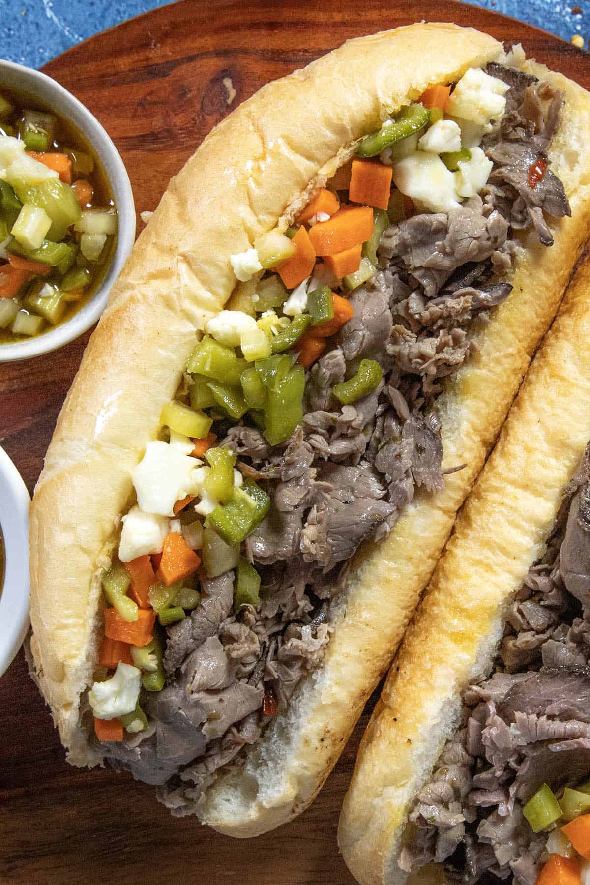 A Chicago Italian Beef Sandwich loaded up with Chicago-style giardiniera