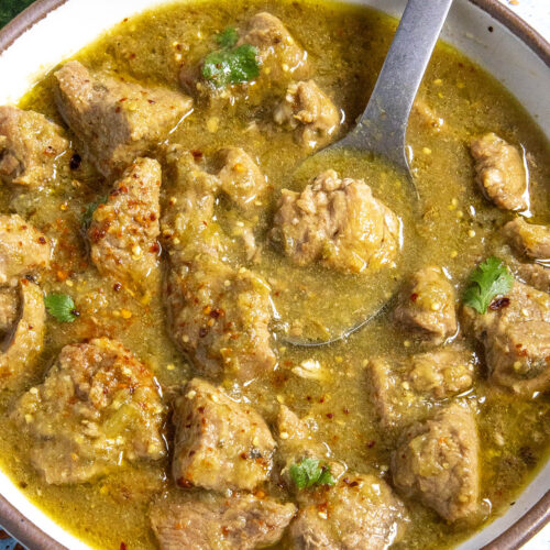 A bowl of chunky Pork Chili Verde, served with a fork