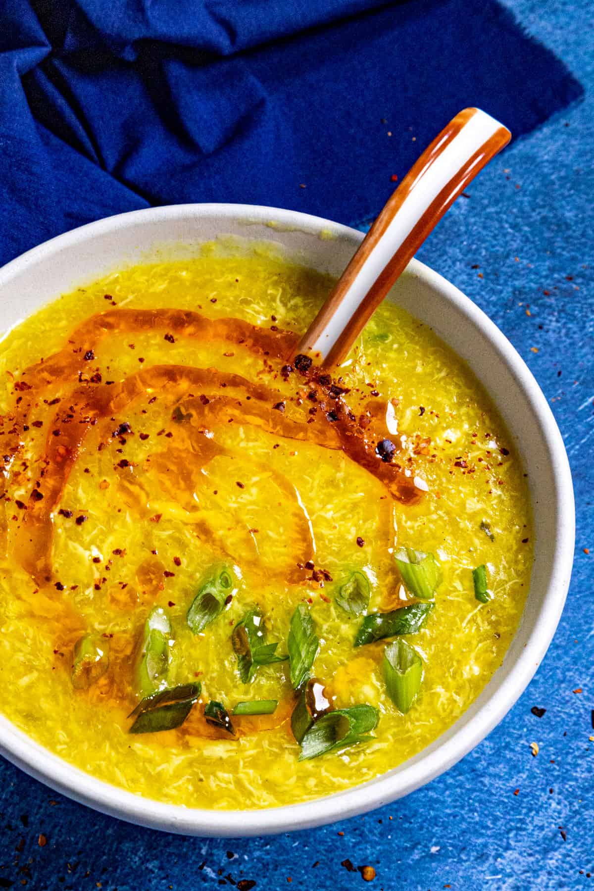 A bowl of spicy egg drop soup in a bowl, ready to serve