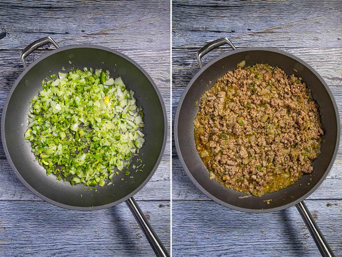 Cooking down vegetables and ground beef to make Gochujang Sloppy Joes sandwiches
