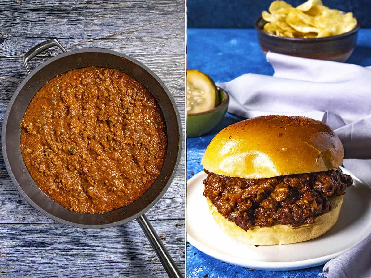 Simmering seasoned ground beef in a pan to make Gochujang Sloppy Joes sandwiches