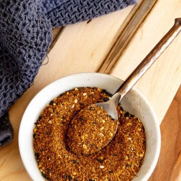 A spoon filled with Homemade Togarashi Japanese spice