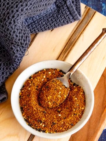 A spoon filled with Homemade Togarashi Japanese spice