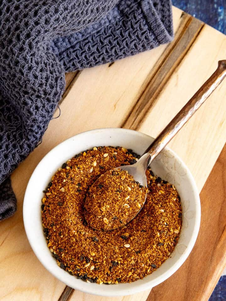 A spoon filled with Homemade Togarashi Japanese spice