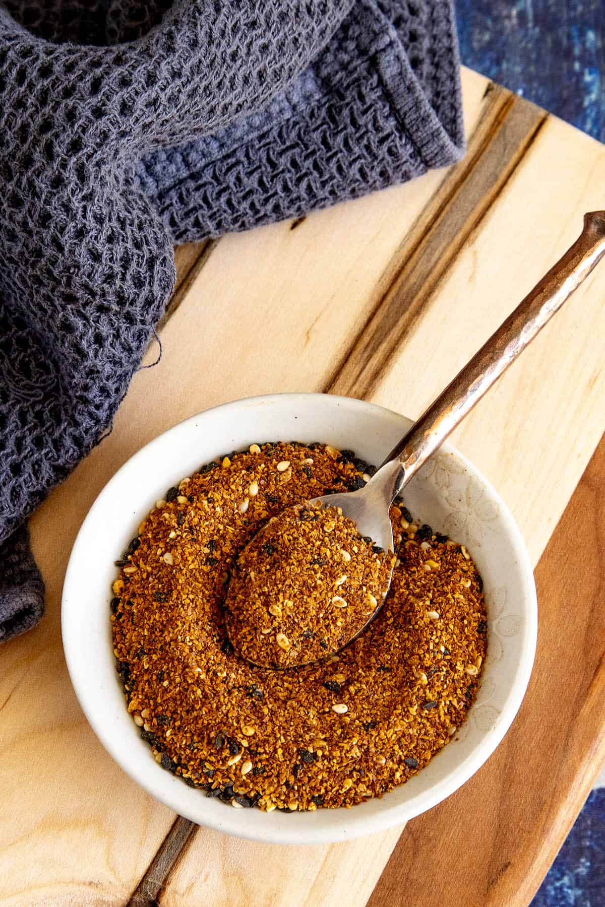 A spoon filled with Homemade Togarashi Japanese spice