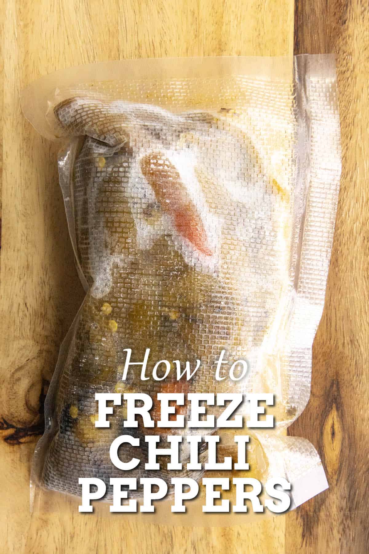 A bag of frozen chili peppers, perfectly preserved