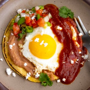 Huevos Rancheros on a plate - a warmed corned tortilla topped with creamy refried beans, a fried egg, ranchero sauce, and pico de gallo