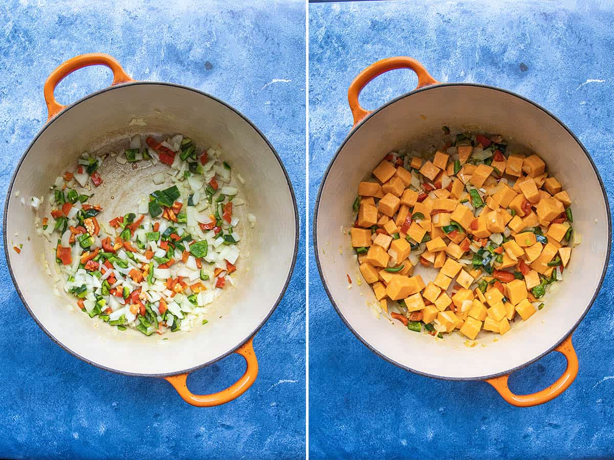 Chunks of pumpkin added to a pot with simmering vegetables