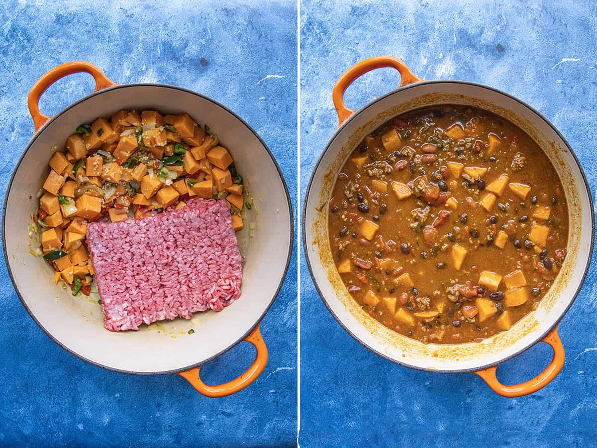 Browning ground beef in the pot, and Pumpkin Chili simmering in a pot