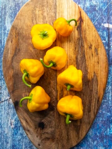 Seven Scotch Bonnet Chilies on a platter