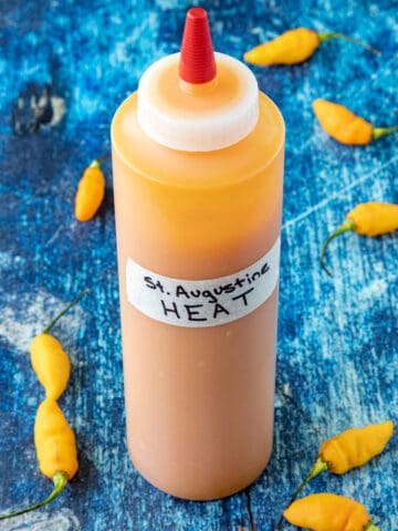 A bottle of Mike's St. Augustine Heat Hot Sauce on a table, surrounded by fresh datil chilies